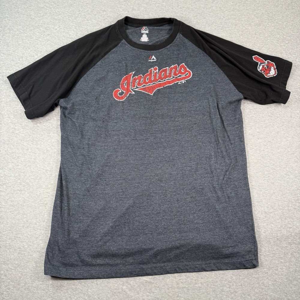 Cleveland Indians Majestic Shirt Mens 2XLT MLB Baseball Distress Print Charcoal